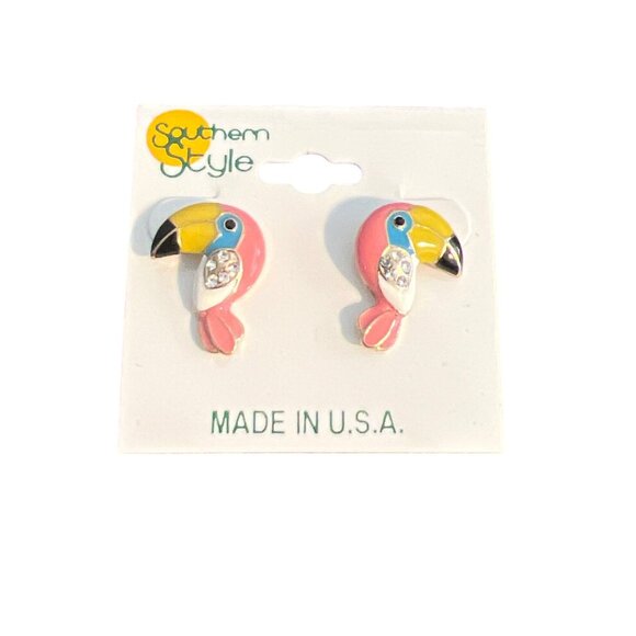 Southern Style Toucan Flamingo Earrings Gold Tone Enamel Rhinestones 7/8" NEW - Picture 1 of 4